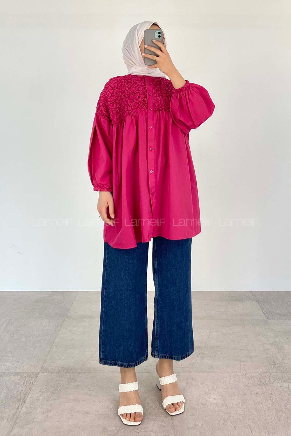 Fuchsia Neck Neck Combed Fabric Unprinted Tunic