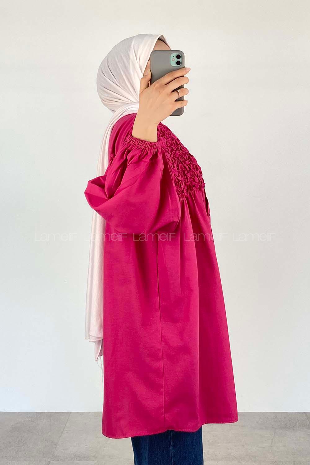 Fuchsia Neck Neck Combed Fabric Unprinted Tunic