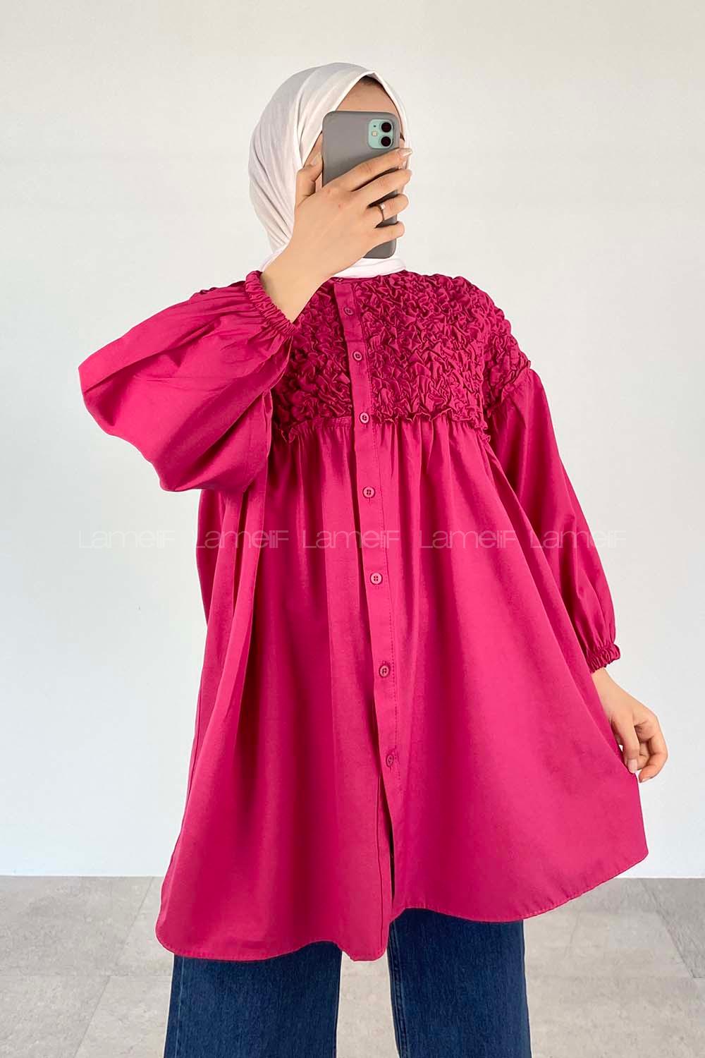 Fuchsia Neck Neck Combed Fabric Unprinted Tunic