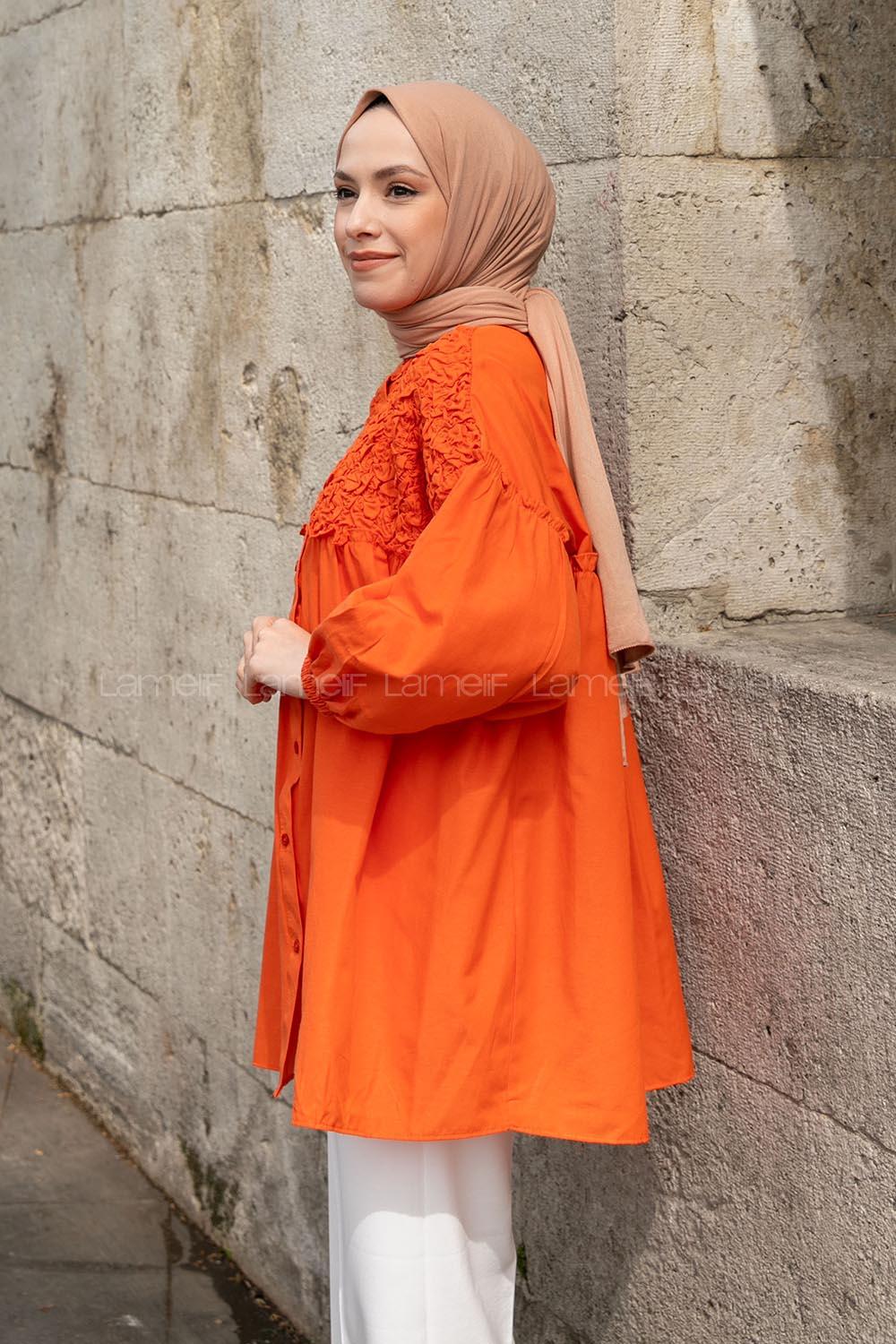 Orange Neck Neck Combed Fabric Unprinted Tunic