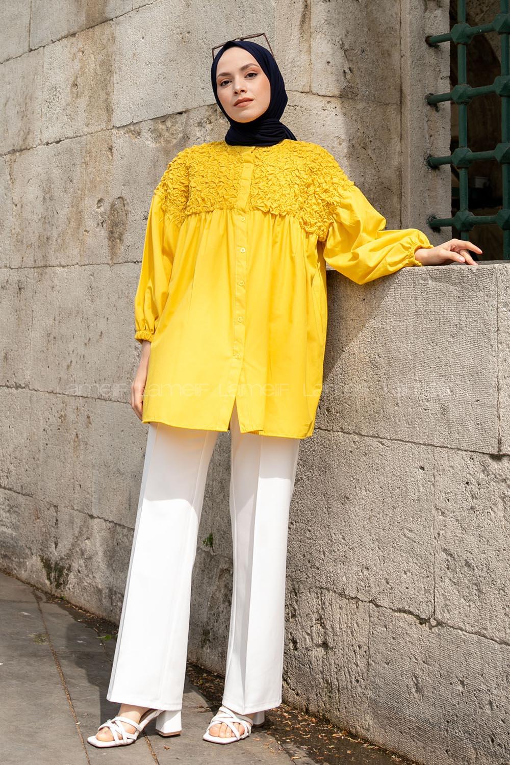 Yellow Neck Neck Combed Fabric Unprinted Tunic