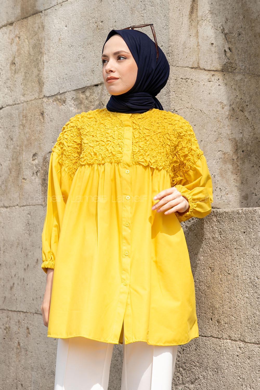 Yellow Neck Neck Combed Fabric Unprinted Tunic