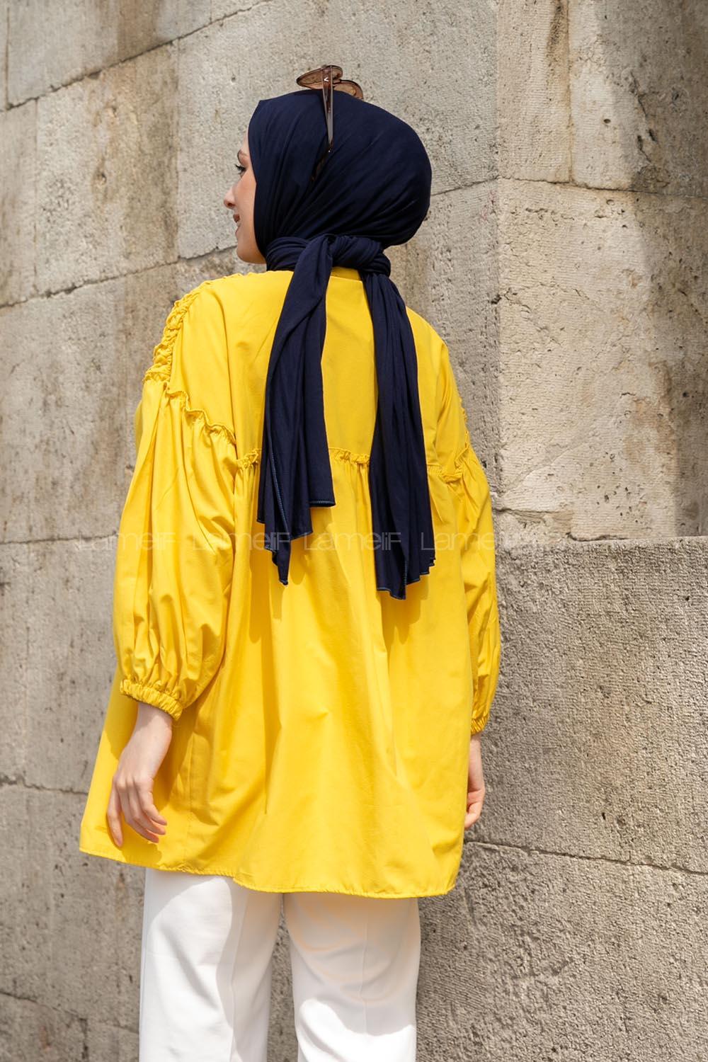 Yellow Neck Neck Combed Fabric Unprinted Tunic