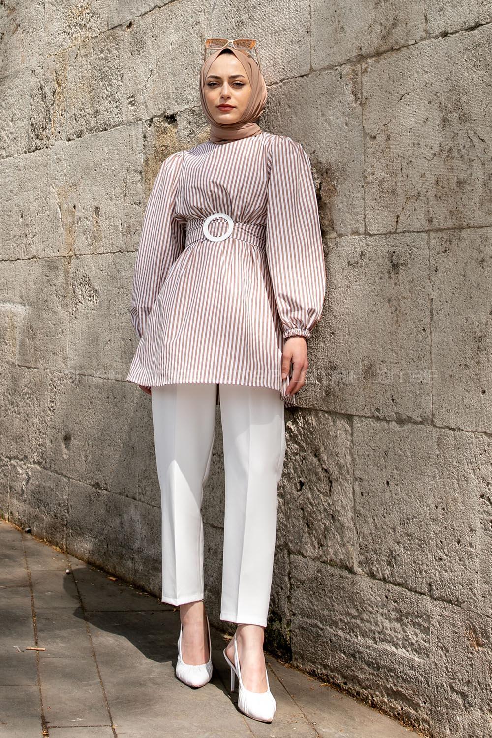 Brown Crew Neck Poplin Fabric Unprinted Tunic