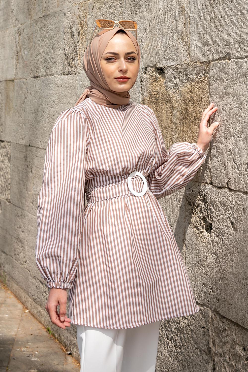 Brown Crew Neck Poplin Fabric Unprinted Tunic