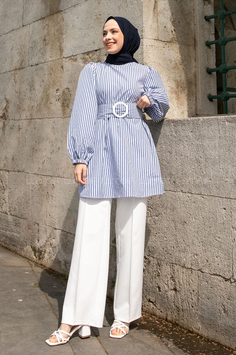 Blue Crew Neck Poplin Fabric Unprinted Tunic