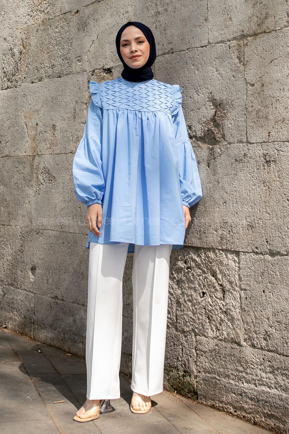 Light Blue Neck Neck Combed Fabric Unprinted Tunic