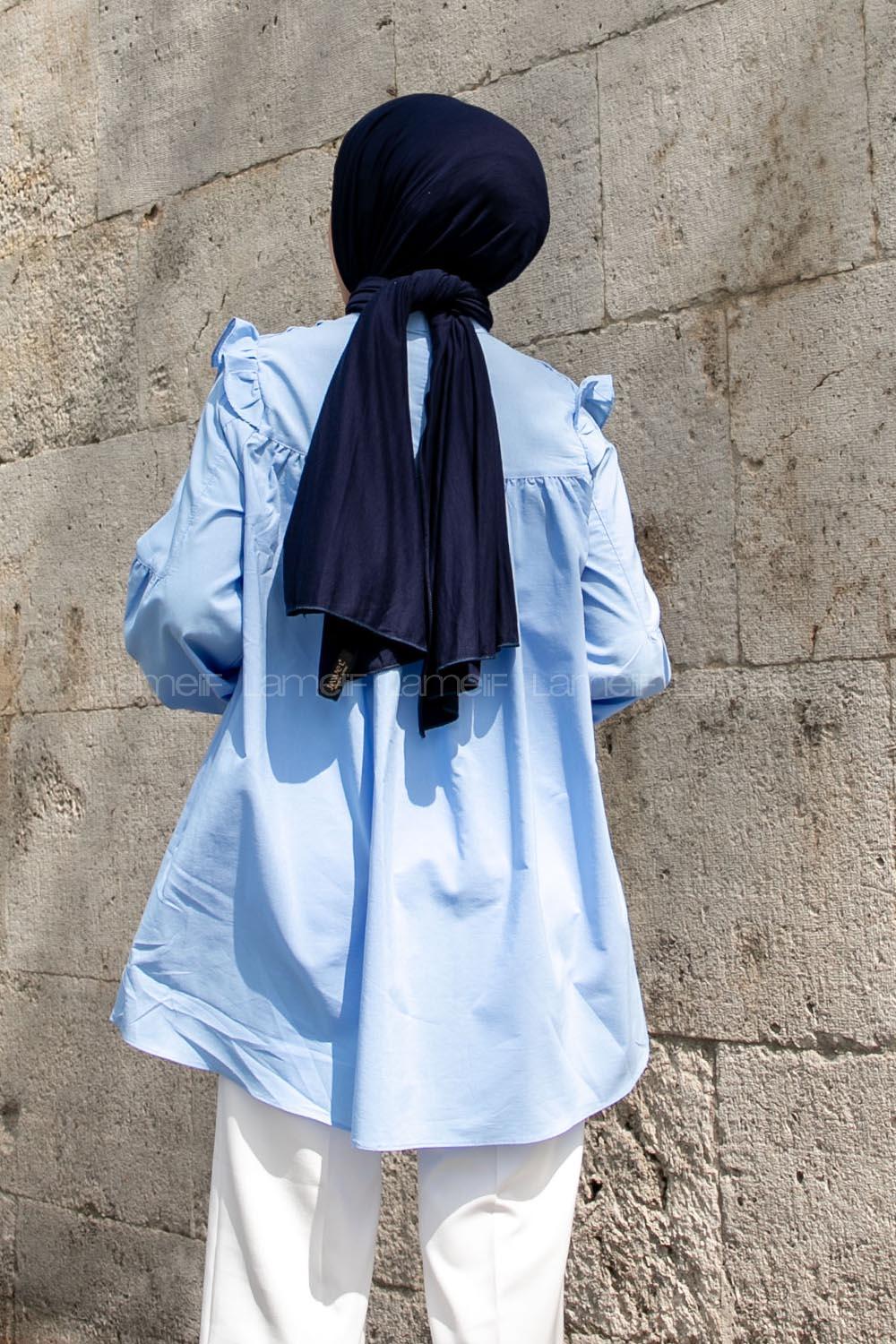 Light Blue Neck Neck Combed Fabric Unprinted Tunic