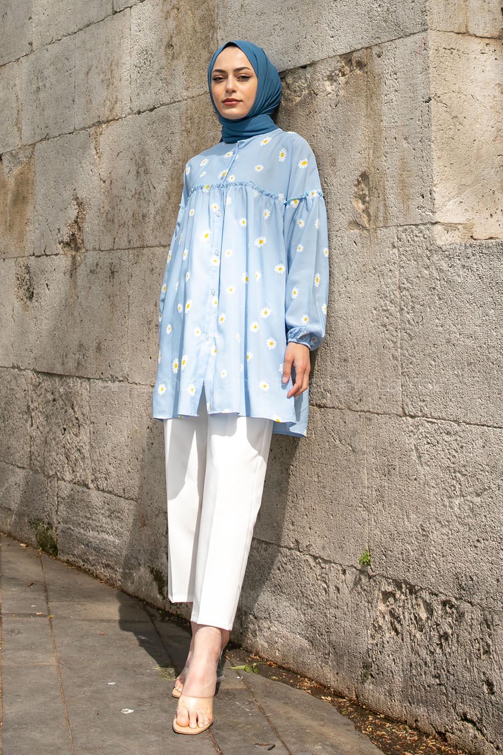 Baby Blue Mandarin Collar Long Arm Cotton Printed Shirt