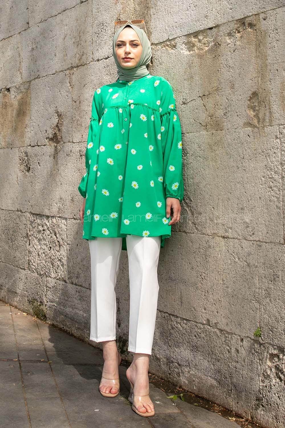 Green Mandarin Collar Long Arm Cotton Printed Shirt