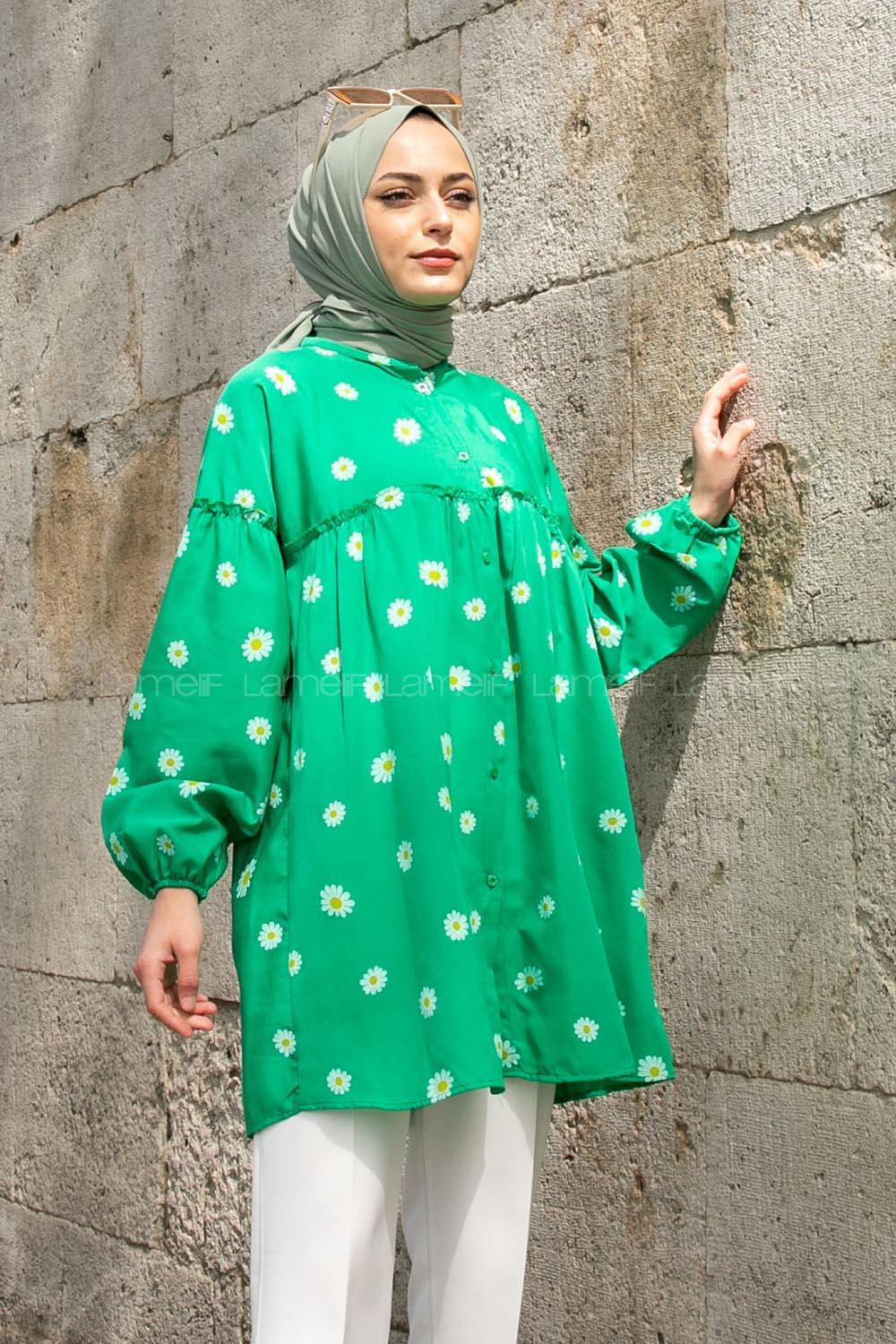 Green Mandarin Collar Long Arm Cotton Printed Shirt