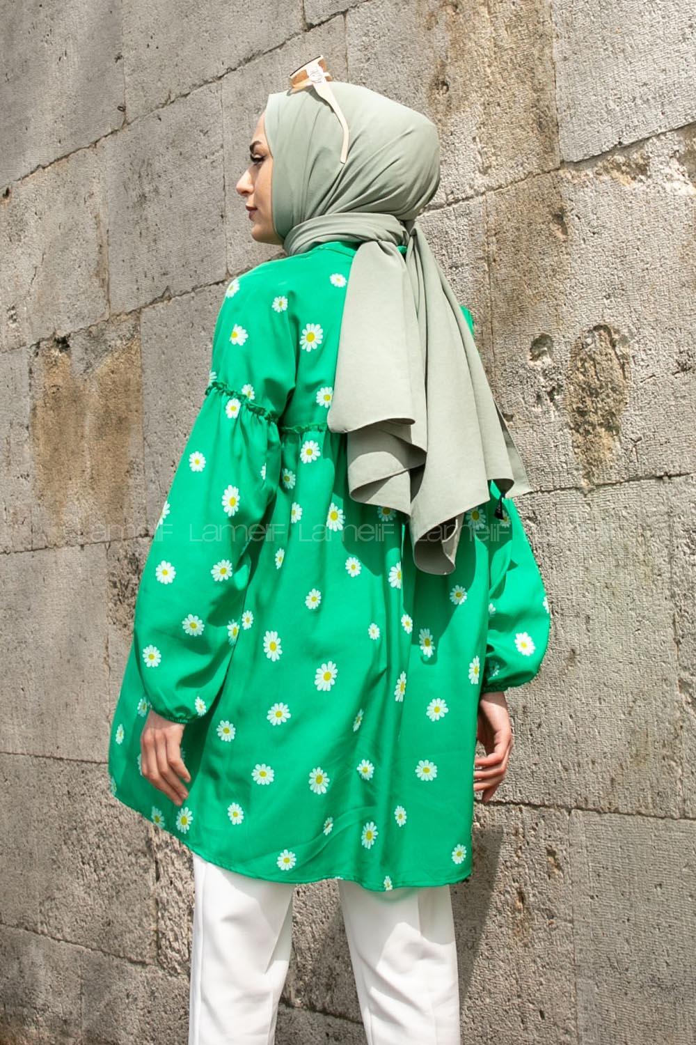 Green Mandarin Collar Long Arm Cotton Printed Shirt
