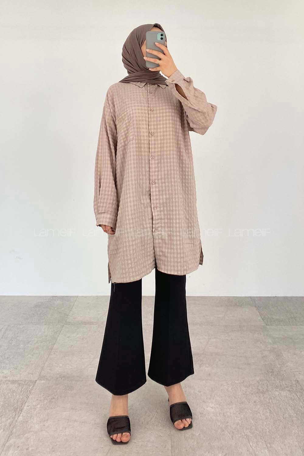 Beige Shirt Collar Long Arm Cotton Fabric Unprinted Shirt