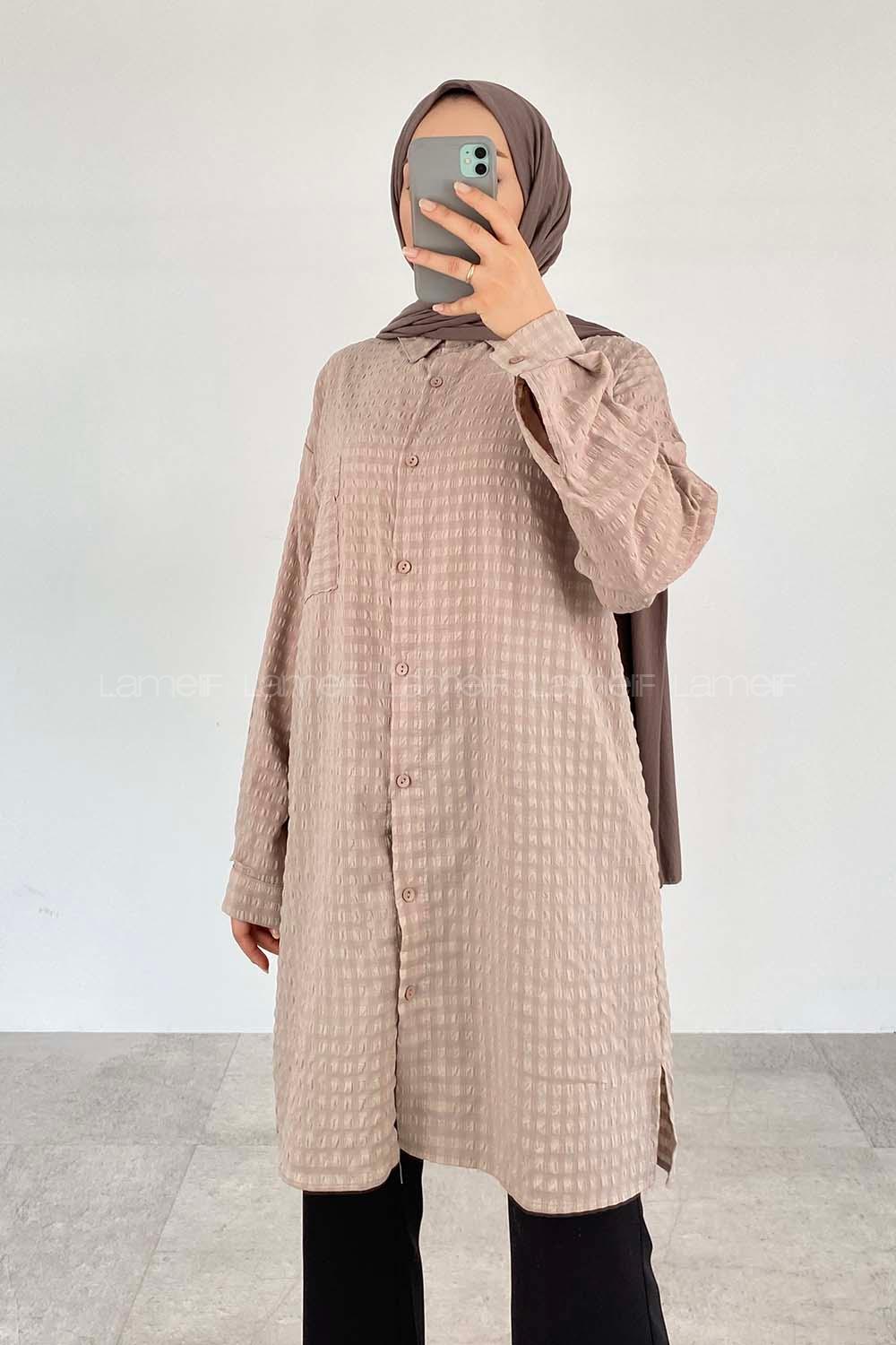 Beige Shirt Collar Long Arm Cotton Fabric Unprinted Shirt