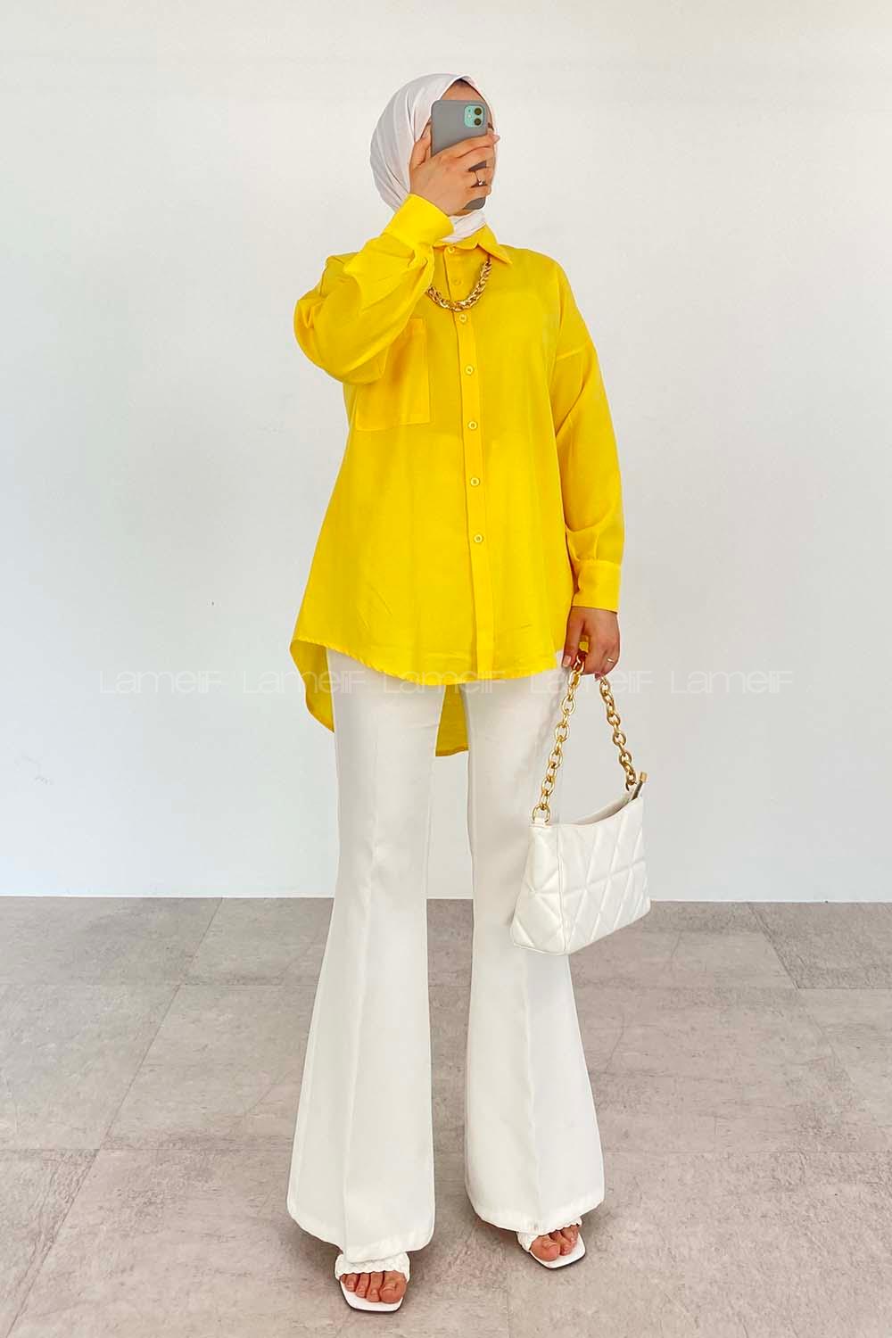 Yellow Shirt Collar Long Arm Cotton Unprinted Shirt