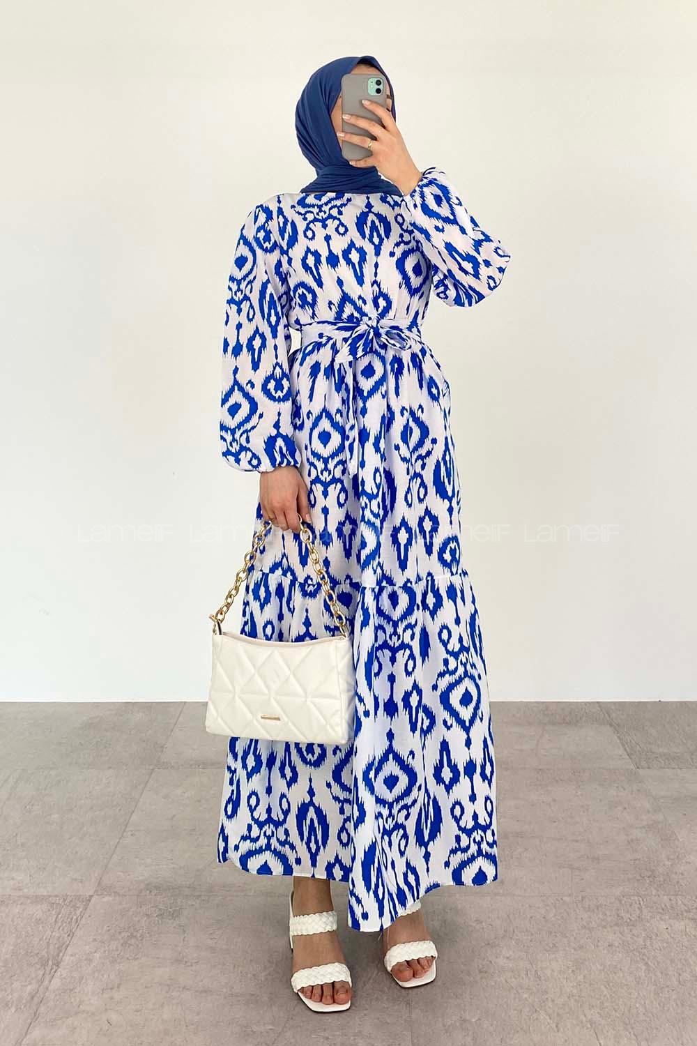 Blue Crew Neck Cotton Printed Dresess