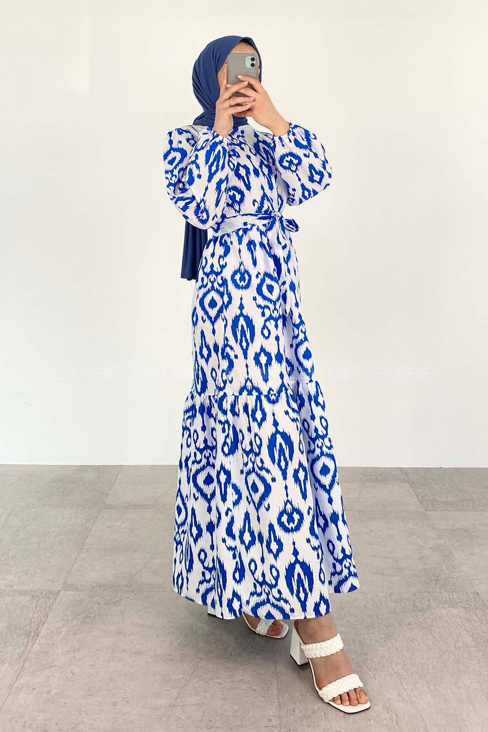 Blue Crew Neck Cotton Printed Dresess