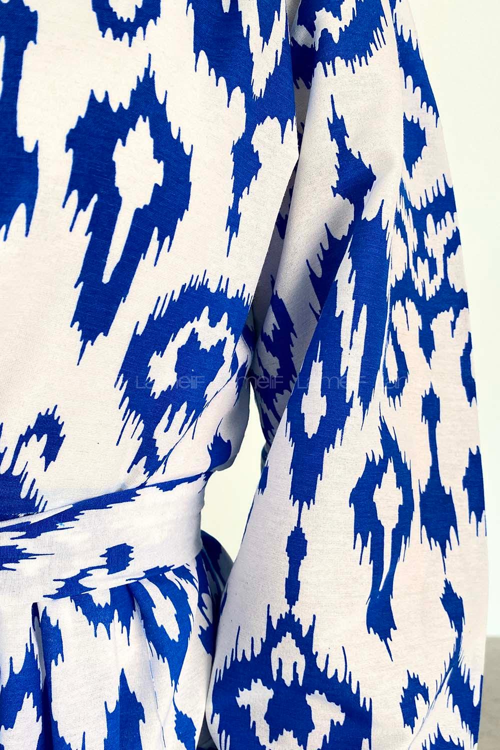 Blue Crew Neck Cotton Printed Dresess