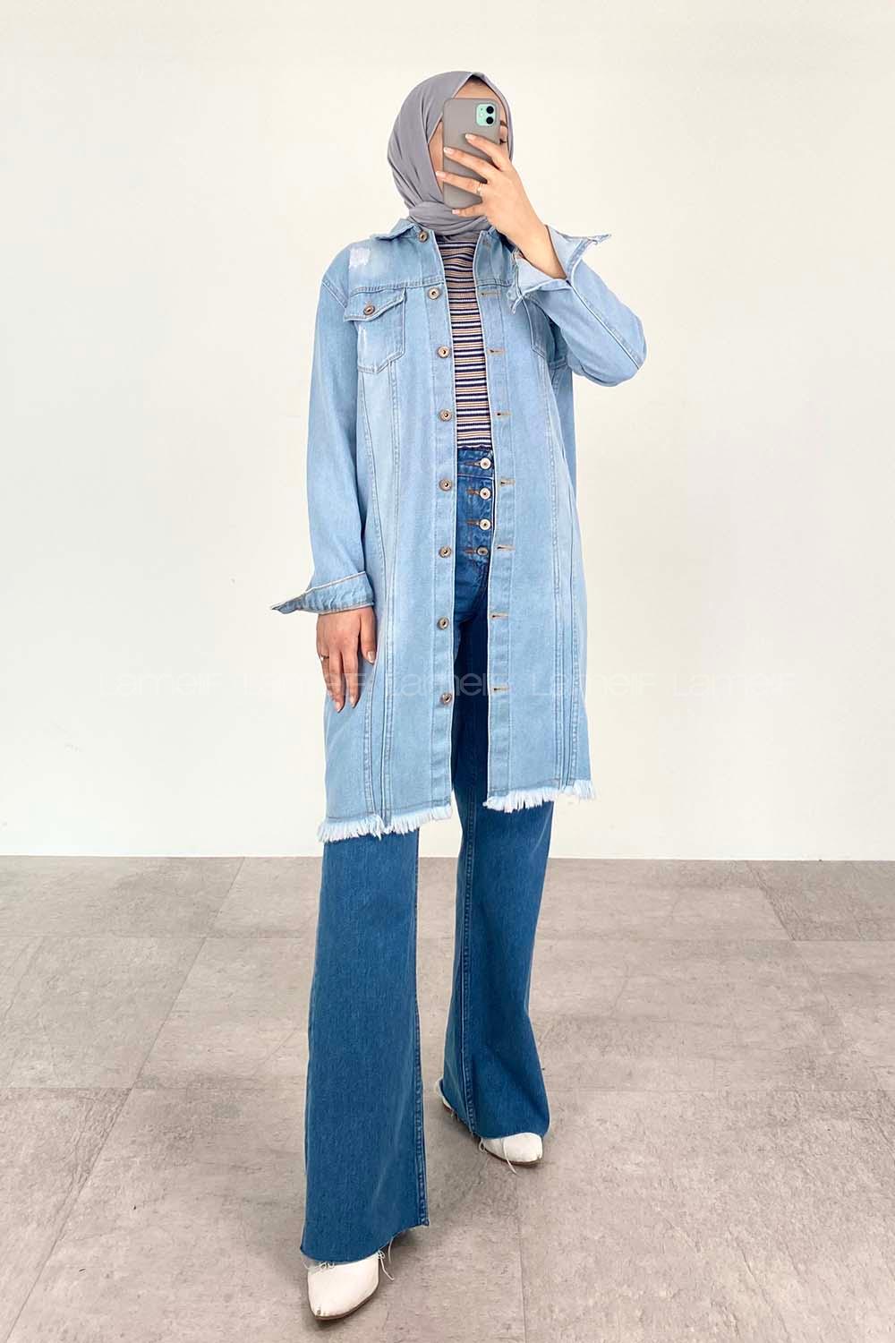 Modalamelif Boydan Düğmeli Eskitme Yıkamalı Püskül Detaylı Uzun Ceket Buz Mavi