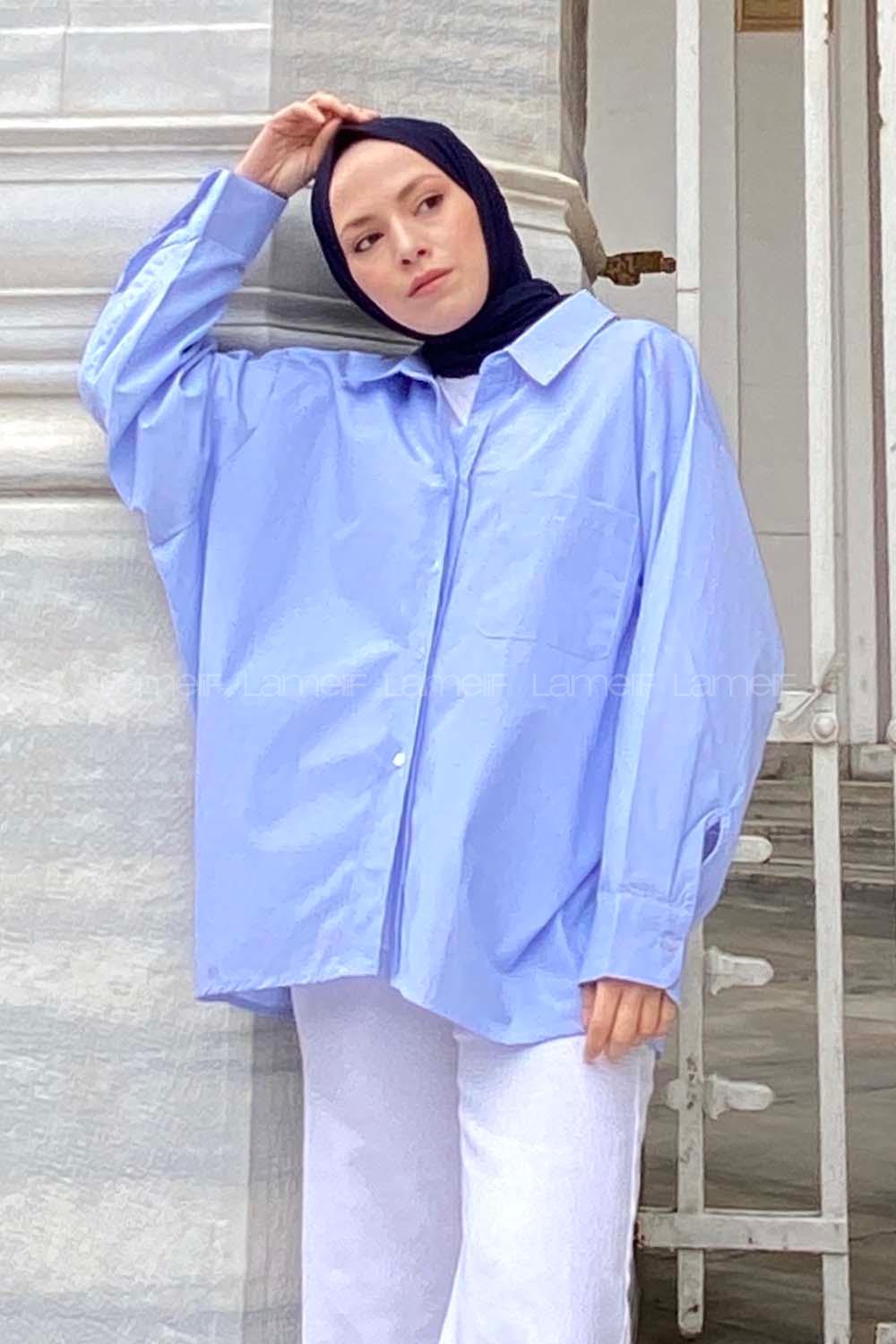 Blue Shirt Collar Long Arm Cotton Unprinted Shirt