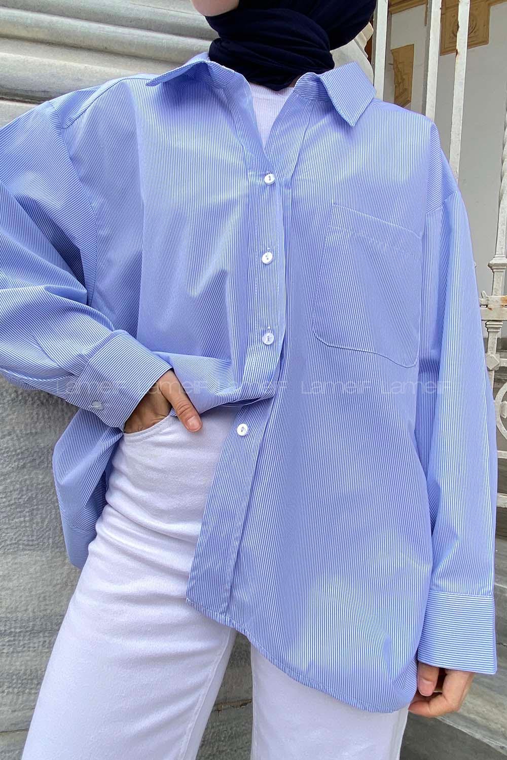 Blue Shirt Collar Long Arm Cotton Unprinted Shirt