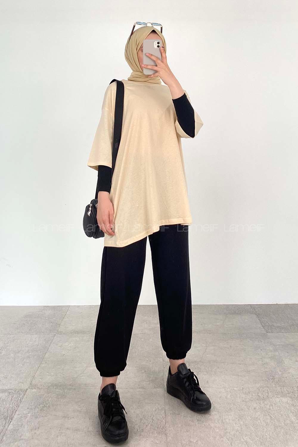 Cream Crew Neck Short Arm Cotton Unprinted T-shirt