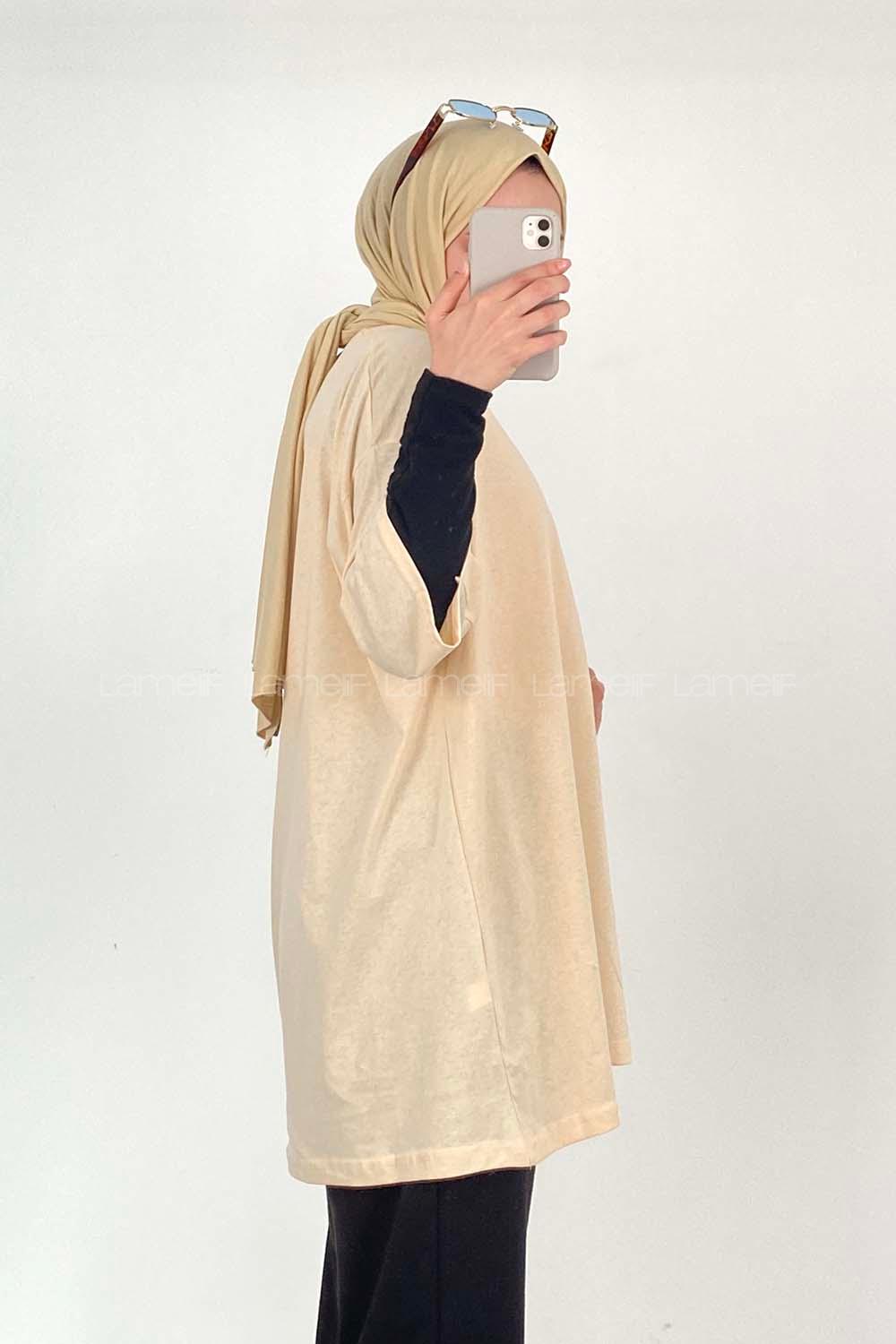 Cream Crew Neck Short Arm Cotton Unprinted T-shirt