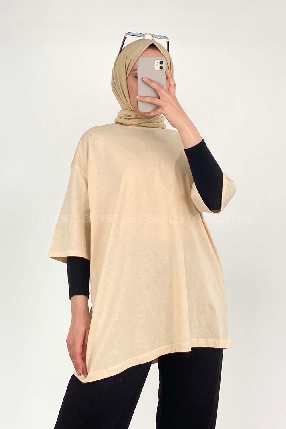 Cream Crew Neck Short Arm Cotton Unprinted T-shirt