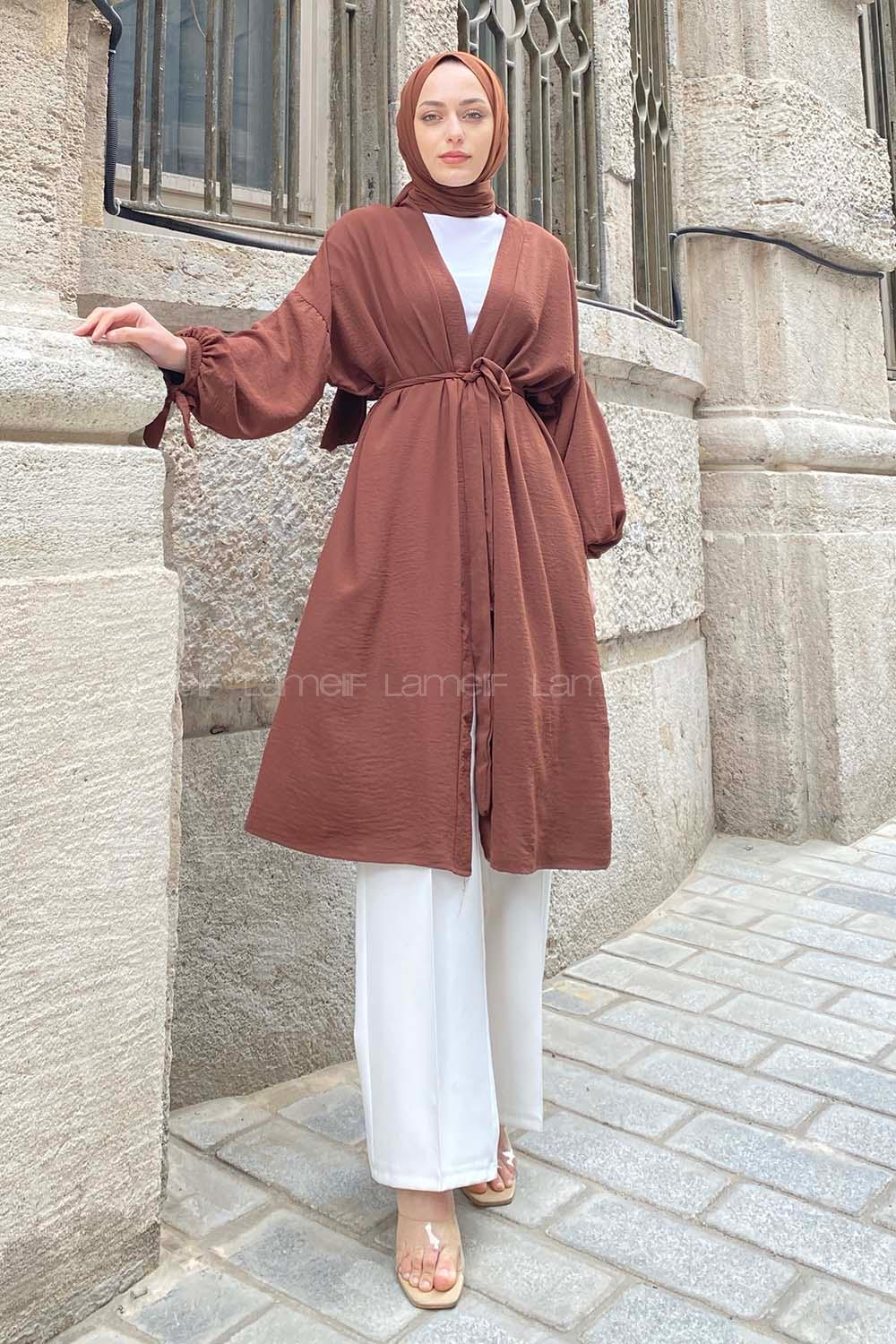 Bitter Brown Bat Sleeve Arm Without Accessories Viscose Fabric Straight Kimono