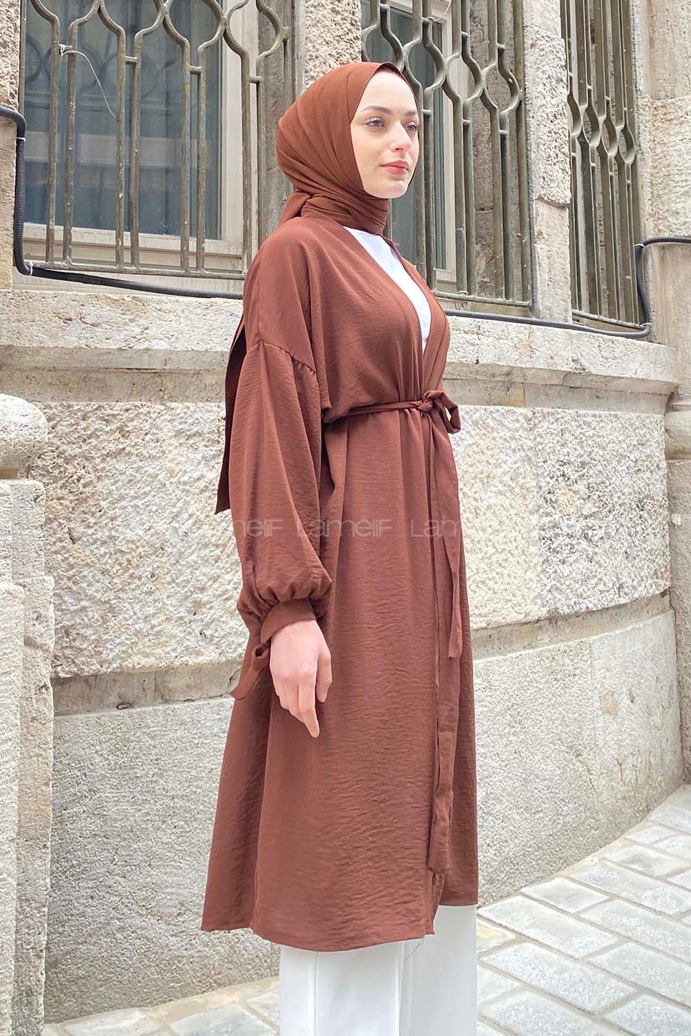 Bitter Brown Bat Sleeve Arm Without Accessories Viscose Fabric Straight Kimono