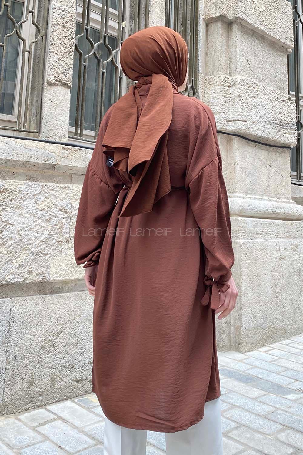 Bitter Brown Bat Sleeve Arm Without Accessories Viscose Fabric Straight Kimono