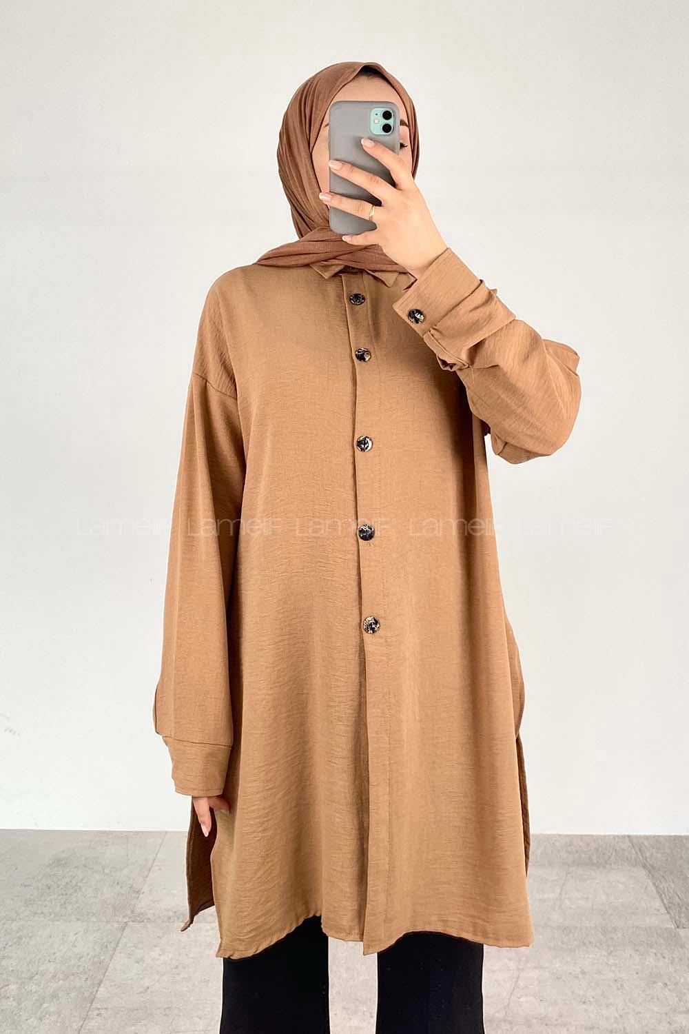 Brown With Milk Shirt Collar Long Arm Cotton Fabric Unprinted Shirt