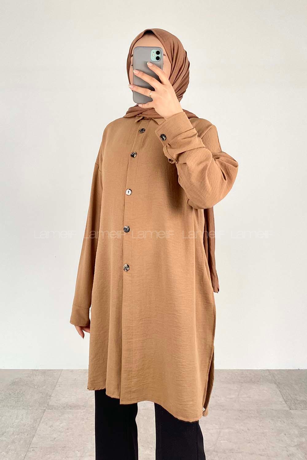 Brown With Milk Shirt Collar Long Arm Cotton Fabric Unprinted Shirt