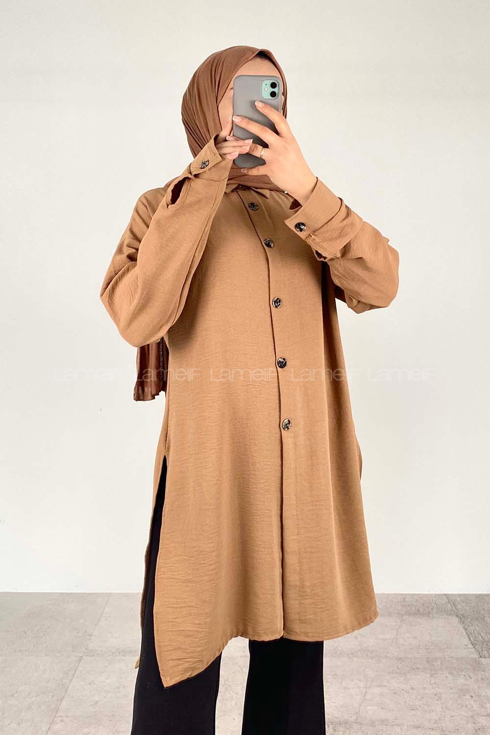 Brown With Milk Shirt Collar Long Arm Cotton Fabric Unprinted Shirt