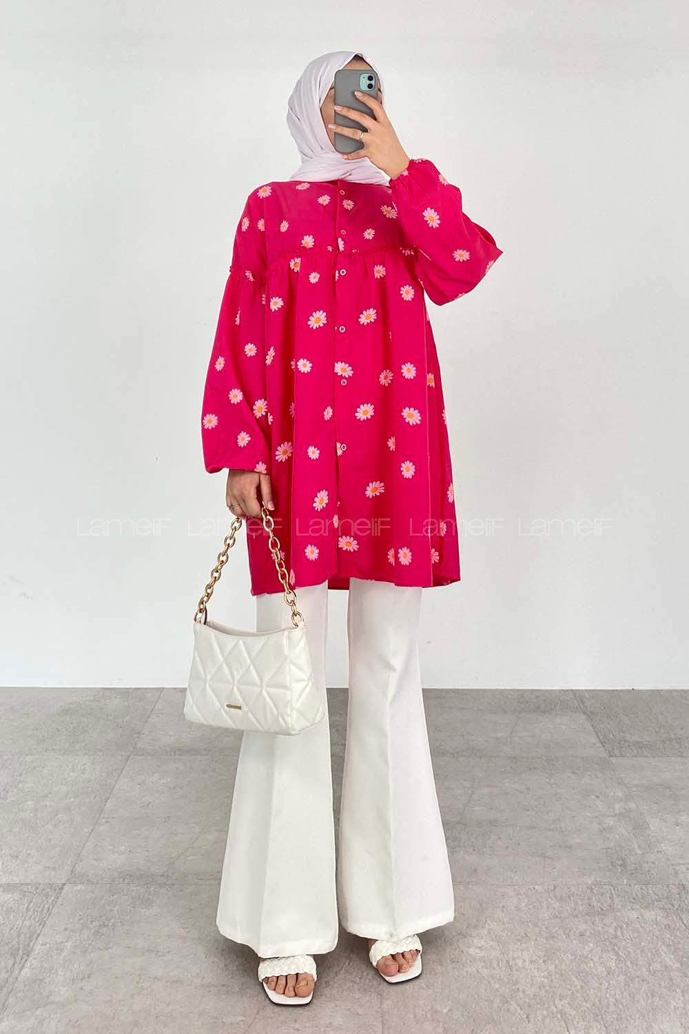 Fuchsia Mandarin Collar Long Arm Cotton Printed Shirt