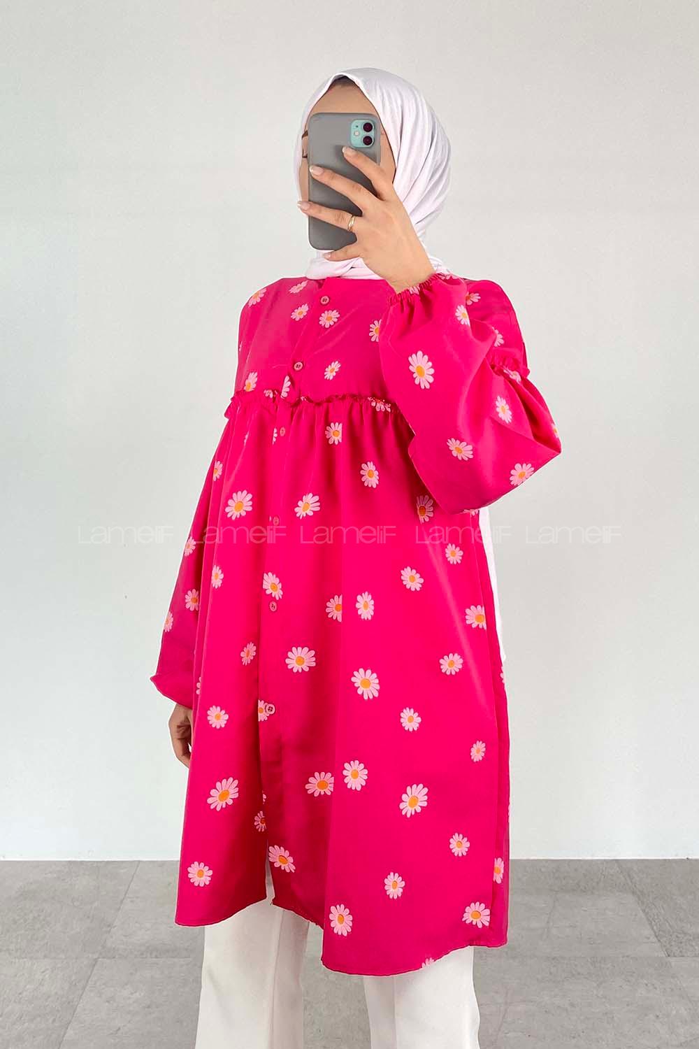 Fuchsia Mandarin Collar Long Arm Cotton Printed Shirt