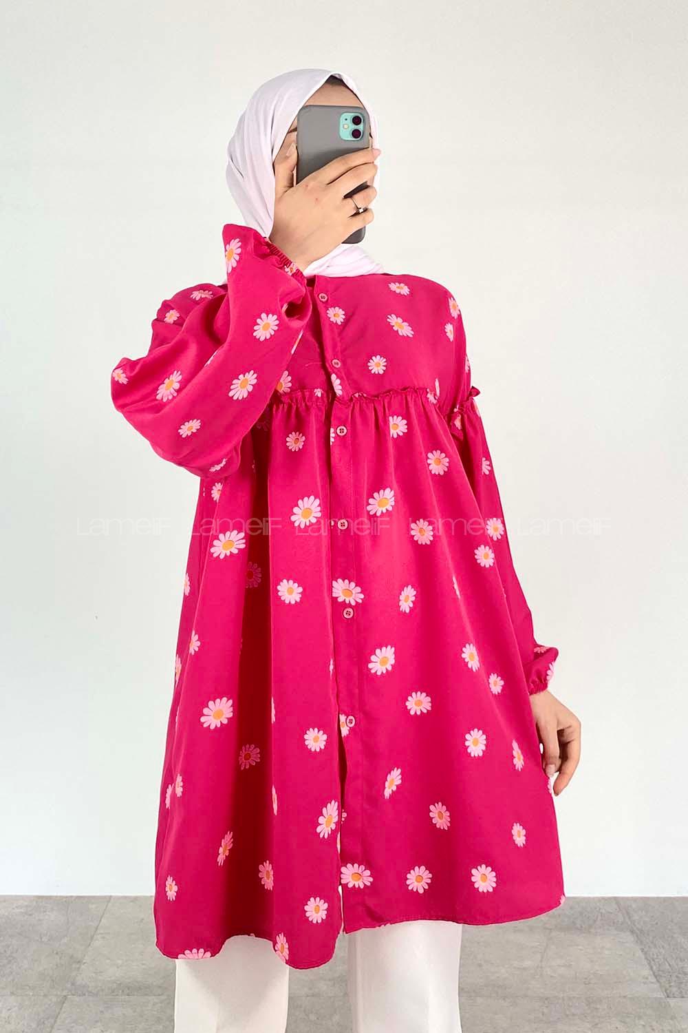 Fuchsia Mandarin Collar Long Arm Cotton Printed Shirt