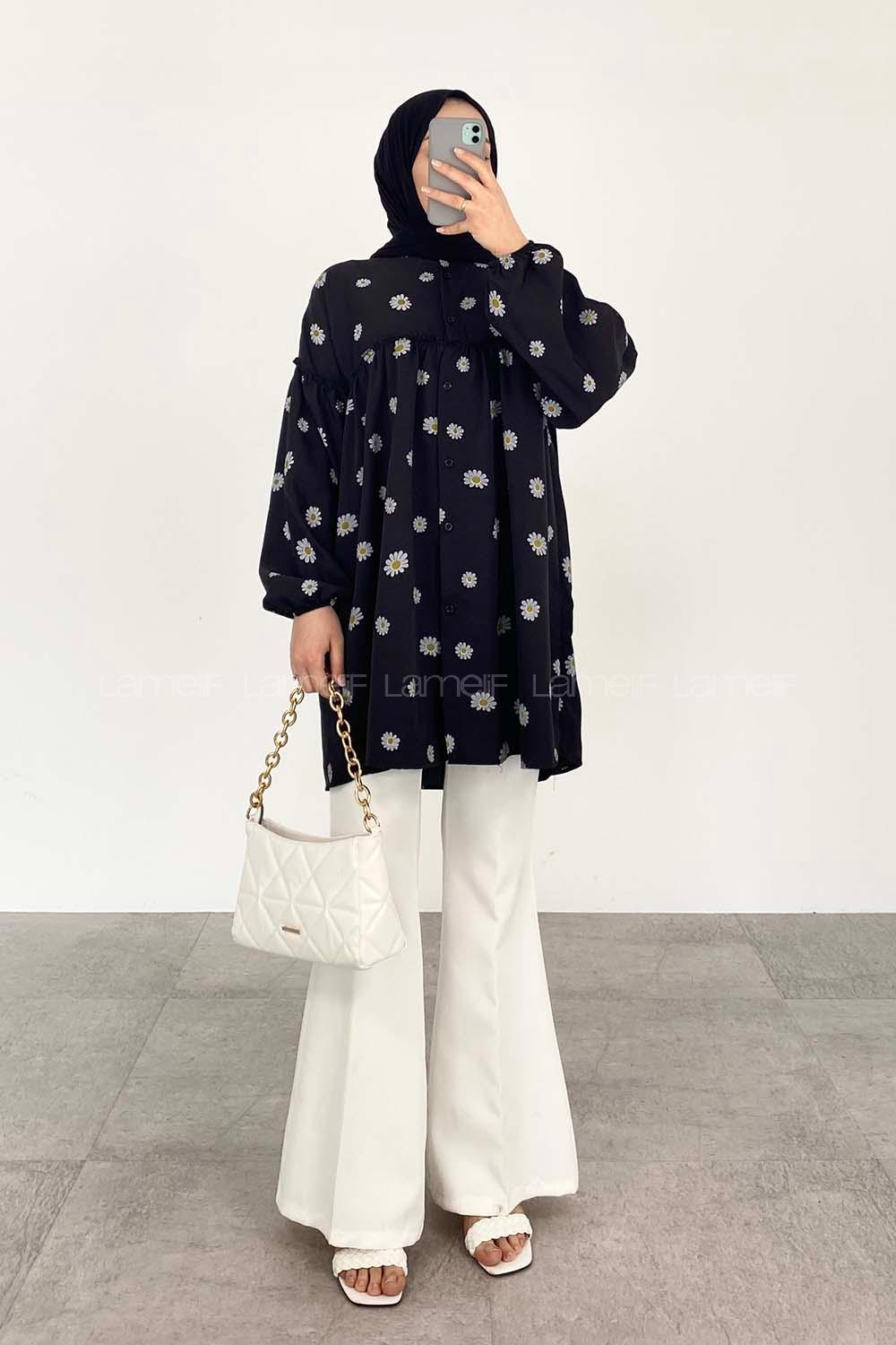 Black Mandarin Collar Long Arm Cotton Printed Shirt