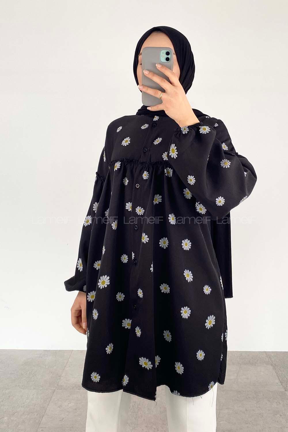 Black Mandarin Collar Long Arm Cotton Printed Shirt