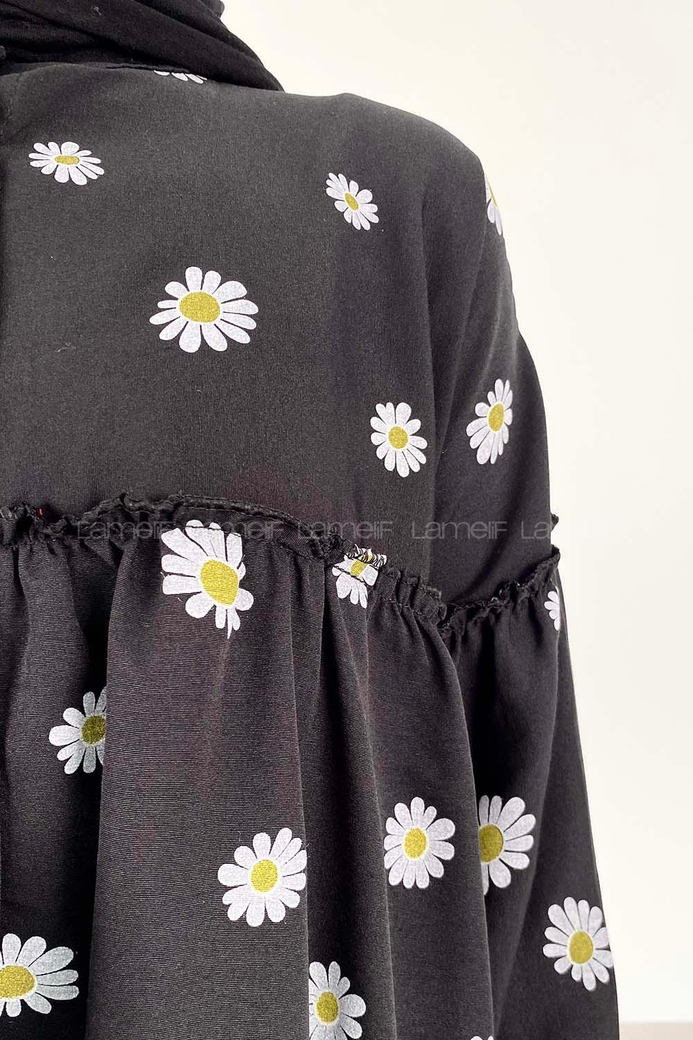 Black Mandarin Collar Long Arm Cotton Printed Shirt