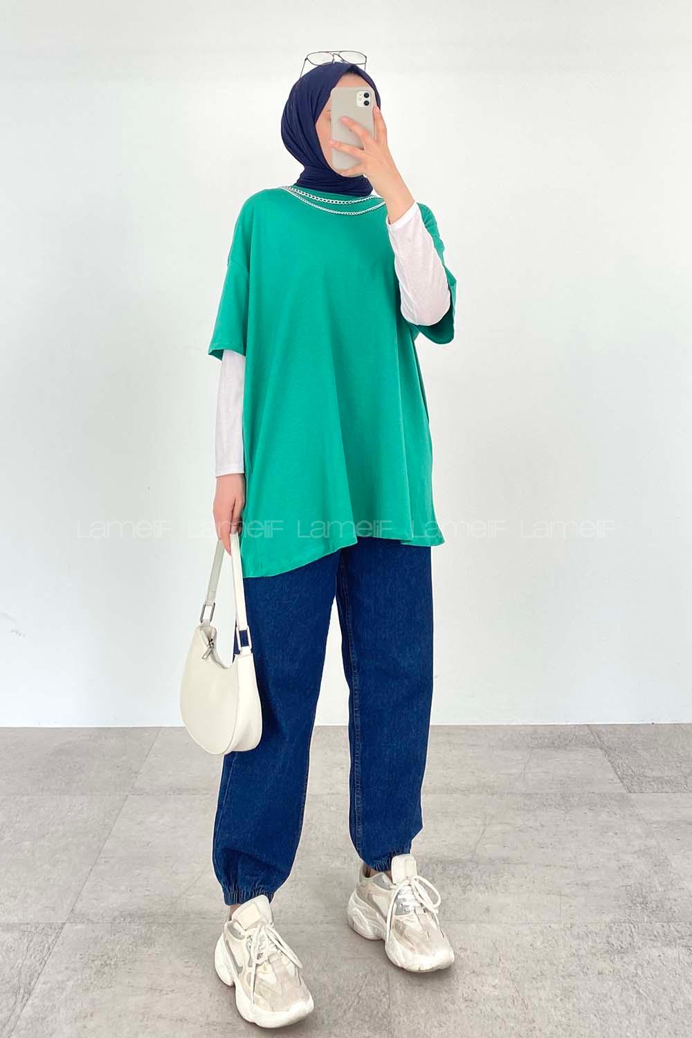 Green Medium Crew Neck Half Arm Arm Cotton Fabric Unprinted T-shirt