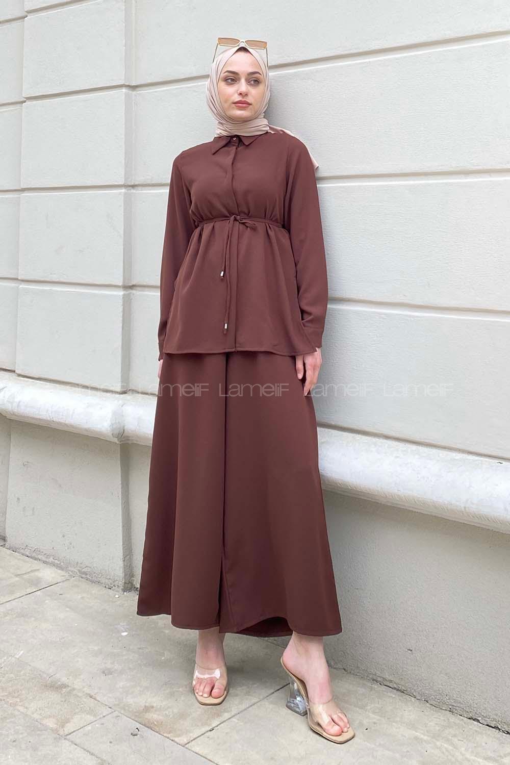 Bitter Brown Shirt Collar Long Arm Belted Crepe Fabric Regular Trousers Comfortable Suit