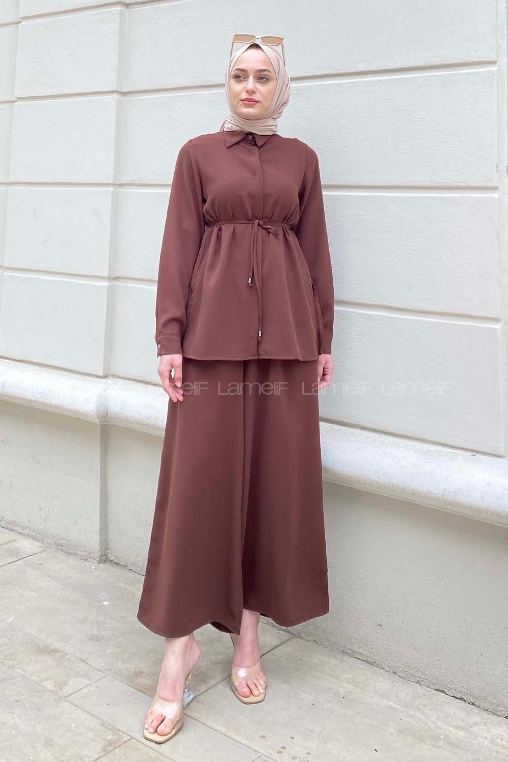 Bitter Brown Shirt Collar Long Arm Belted Crepe Fabric Regular Trousers Comfortable Suit
