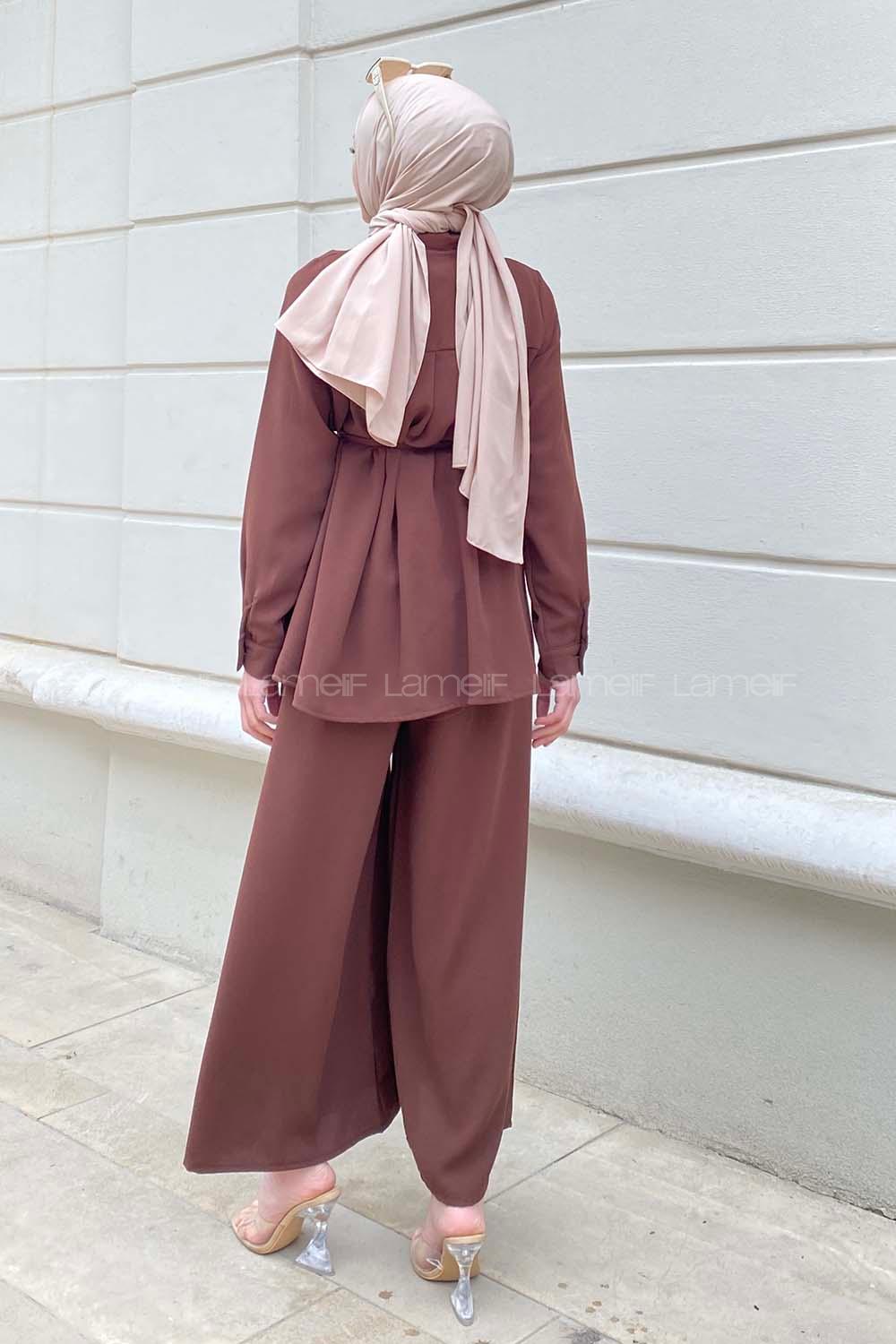 Bitter Brown Shirt Collar Long Arm Belted Crepe Fabric Regular Trousers Comfortable Suit
