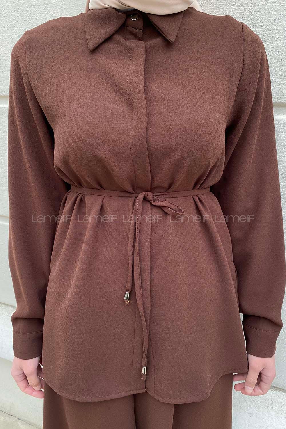 Bitter Brown Shirt Collar Long Arm Belted Crepe Fabric Regular Trousers Comfortable Suit