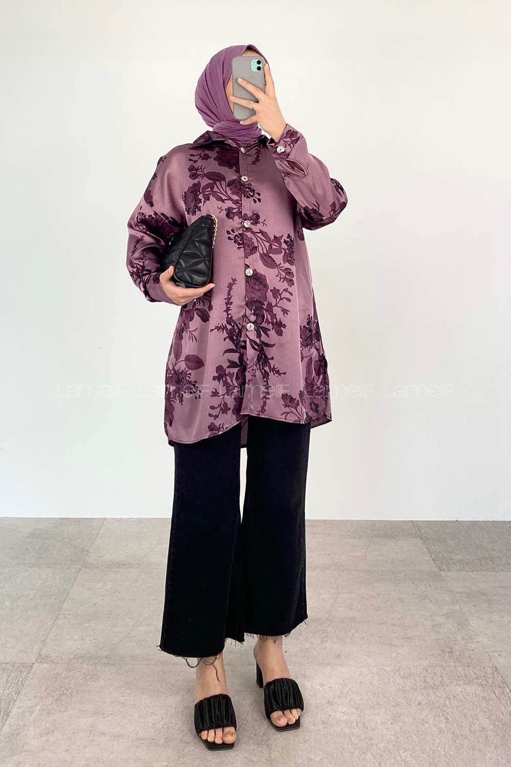 Purble Shirt Collar Long Arm Cotton Fabric Printed Shirt