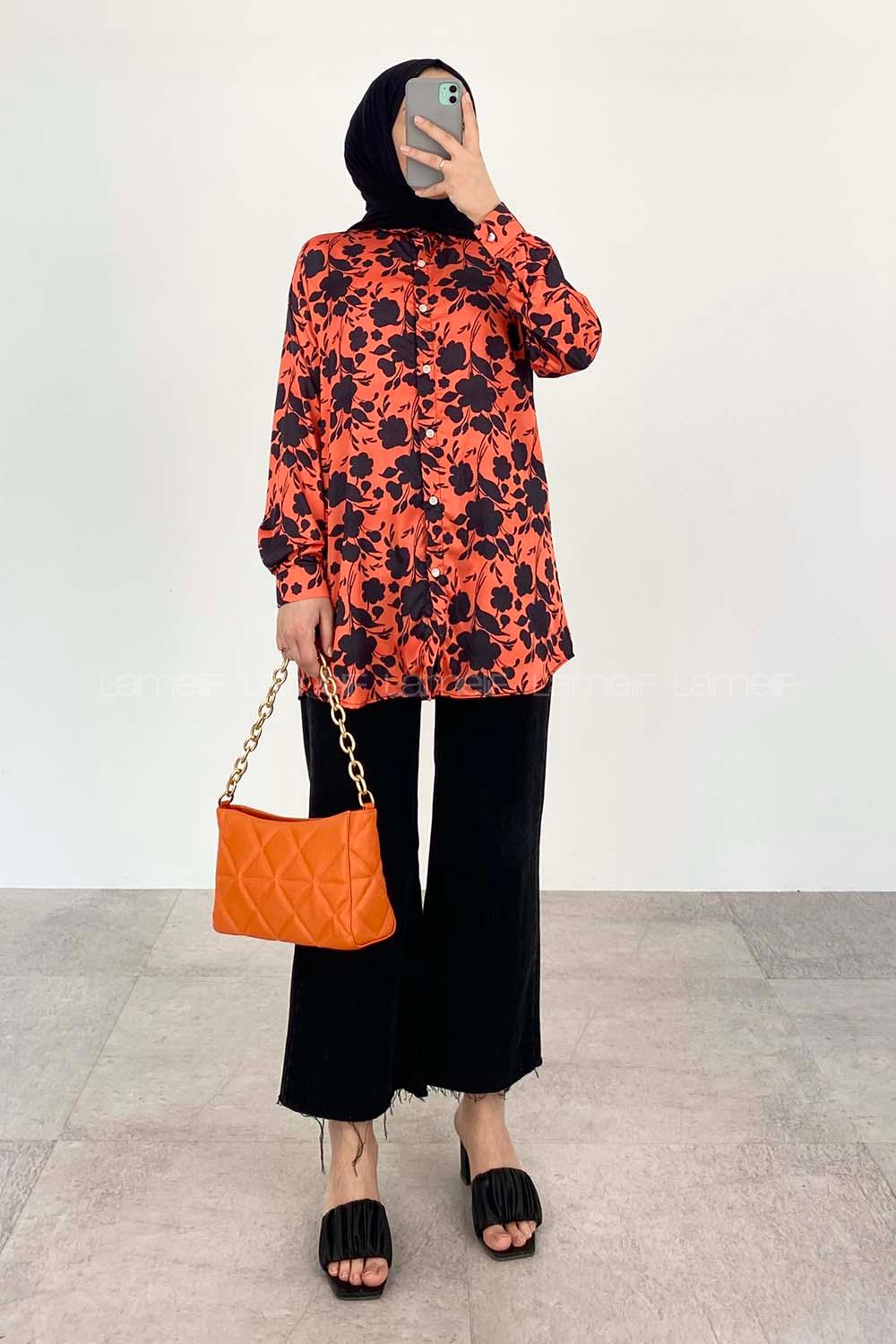 Orange Shirt Collar Long Arm Cotton Fabric Printed Shirt