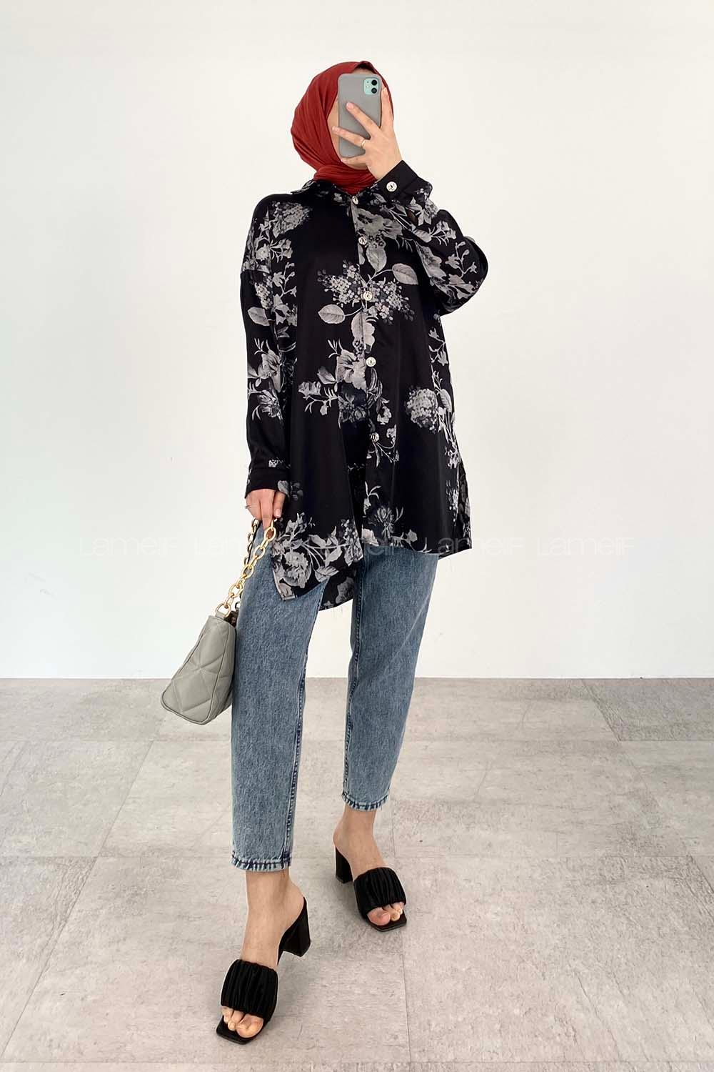 Black Shirt Collar Long Arm Cotton Fabric Printed Shirt