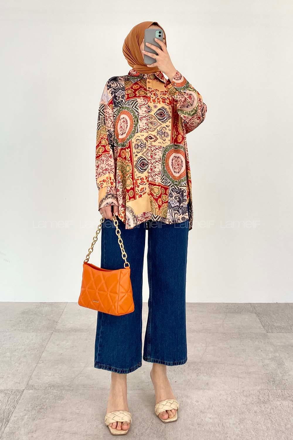 Orange Shirt Collar Long Arm Cotton Fabric Printed Shirt