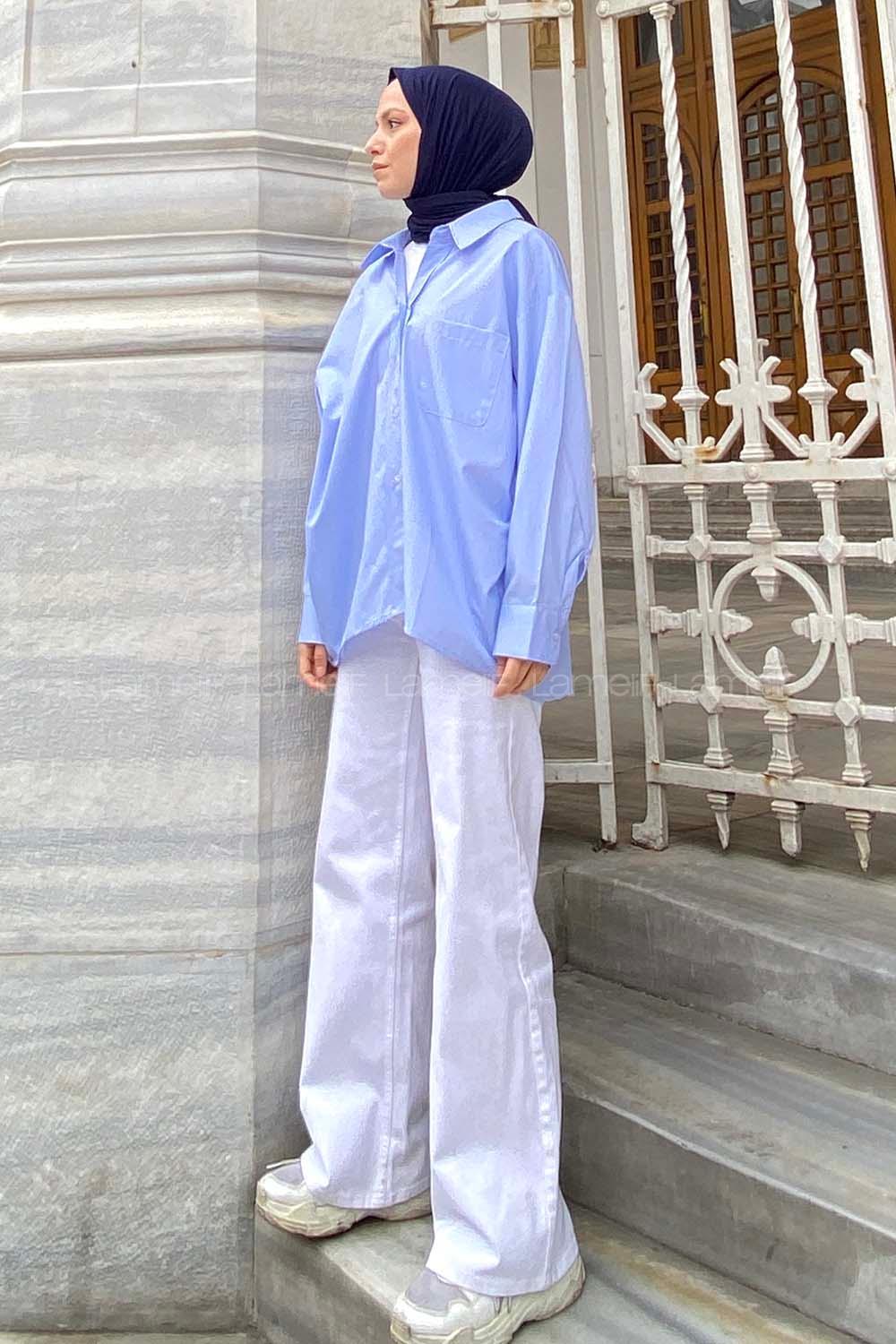 Blue Shirt Collar Long Arm Cotton Unprinted Shirt